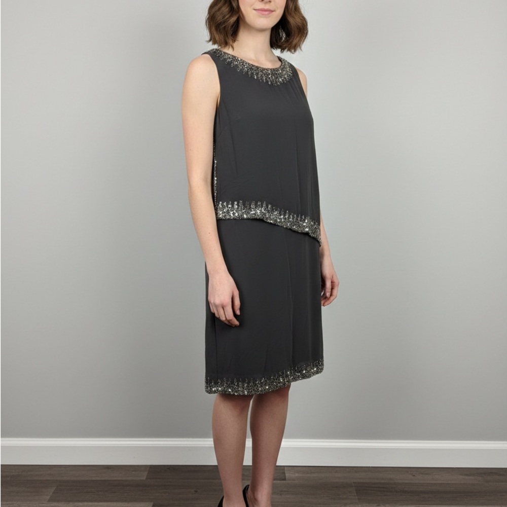 J Kara Grey Asymmetrical Dress with Silver Embellishments